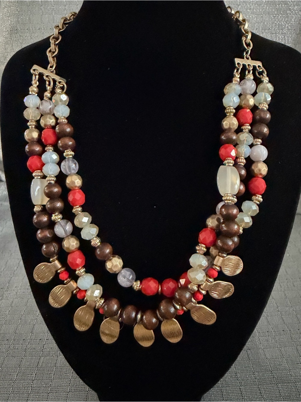 Chico’s Multi-Strand Red & Brown Beaded Statement Necklace